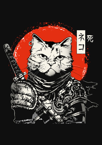 Kunstdruck im Japan Stil mit Samurai Katze - rot schwarz weiß