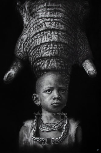boy elephant wild spirits drawing by french pencil artist Magali Lapeyre-Mirande garçon éléphant esprits sauvages dessin artiste dessinatrice