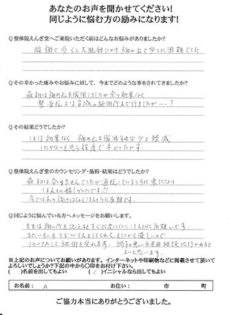 豊橋の看護師A様、狭窄症と腰痛で手術を勧められていたA様のアンケート