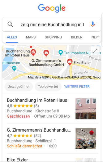 Beispiel für Suchergebnisseite bei Suche mit Sprachassistent