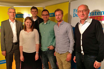 Diskutierten über Gründerkultur: Albrecht Pförnter, Anna Bückmann (beide proWirtschaft GT), Patrick Büker (FDP Rheda-Wiedenbrück), Johannes Elstner (FDP Gütersloh), Alexander Martinschledde (Startup-Unternehmer) und Hermann Ludewig (FDP-Kreisvorsitzender)