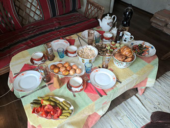 Table of Latvian delicacies on a Riga Soviet history tour