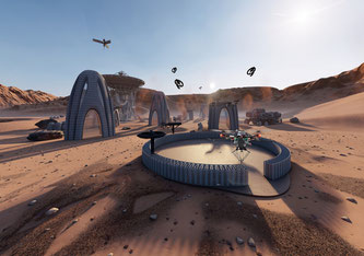 Zukunftsvision: Drohnenschwärme könnten auch im Weltraum zum Einsatz kommen, etwa bei einer künftigen Mars-Mission. Bild: Yusuf Furkan KAYA, Aerial Robotics Laboratory, Imperial College London / Empa