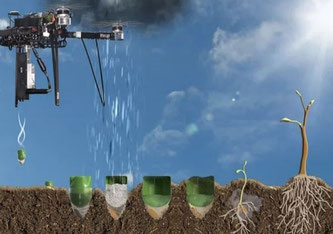 Die vom Unternehmen Flash Forest entwickelte Drohne schafft es, die Baumsamen zusammen mit Nährboden und Nährstoffen in den Boden zu schiessen