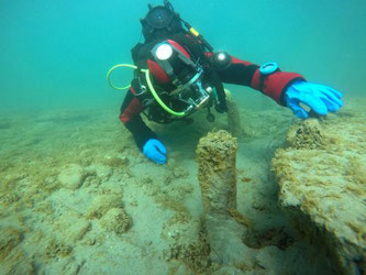 Quer durch den nördlichen Siedlungsbereich zieht sich eine Erosionskante, wo die Pfähle freigespült werden und letztlich umkippen. © Archäologischer Dienst des Kantons Bern, Daniel Steffen