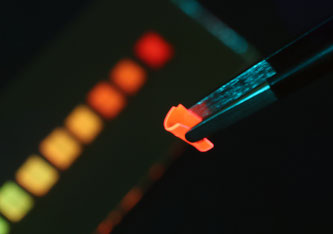 Der neu entwickelte Solarkollektor bei Bestrahlung mit blauem LED-Licht: Das Polymer-Material ist so flexibel, dass es sich mit einer Pinzette biegen lässt. Bild: Empa