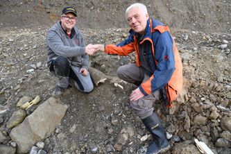 Die Freude über den fünften Eschenbacher Mammutzahn ist gross: Finder Stefan Bitterli und Ebbe Nielsen, stellvertretender Kantonsarchäologe (rechts im Bild).