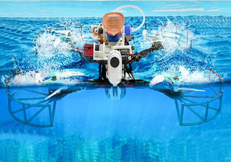 Die neue Drohne mit einer von Fischen inspirierten Saugscheibe hängt sich an bewegte Objekte, um Energie zu sparen, und kann schnell zwischen Luft und Wasser wechseln. Illustration: Beihang University / Science Robotics