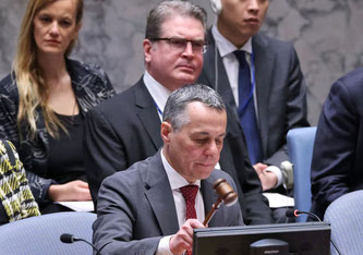 Bundesrat Ignazio Cassis leitete am 3. Mai 2023 eine Debatte des UNO-Sicherheitsrats, in welcher der Aufbau von Vertrauen im Zentrum stand. © EDA