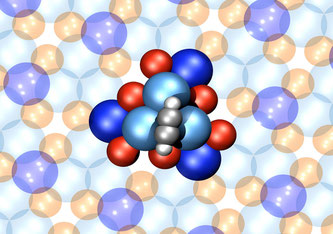 Ein Motor, der nur aus 16 Atomen besteht: Atomares Strukturmodel eine einzelnen 4-atomigen Acetylen-Rotors (grau-weisse Kugeln) auf der chiral (d.h. händischen) PdGa Oberfläche (blaue Kugel -> Palladium, rote Kugeln -> Gallium)