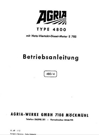 Agria Typ 4800 mit Hatz Dieselmotor E785 Betriebsanleitung