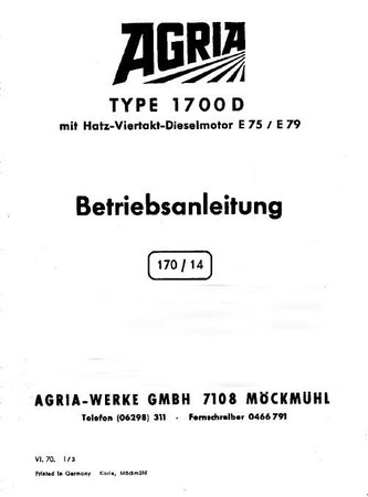 Agria Typ 1700D mit Hatz Dieselmotor E75 / E79 Betriebsanleitung