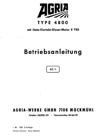 Agria Typ 4800 mit Hatz Dieselmotor E780 Betriebsanleitung