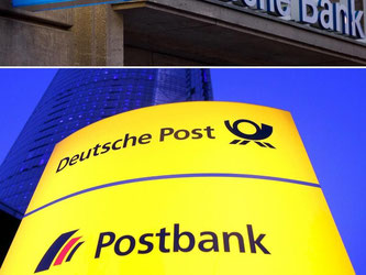 Logo der Deutschen Bank und der Schriftzug der Postbank. Foto: Lukas Barth/Illustration