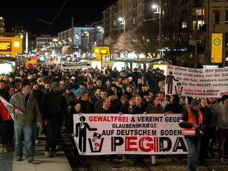 Teilnehmer einer Pegida-Demonstration in Dresden. Foto. Foto: Arno Burgi/Archiv