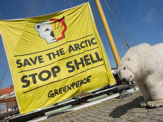 "Rettet die Arktis" ist auf diesem Greenpeace-Plakat in Stralsund zu lesen. Shell hatte überraschend ein vorläufiges Ende der Probebohrungen angekündigt. Foto: Stefan Sauer