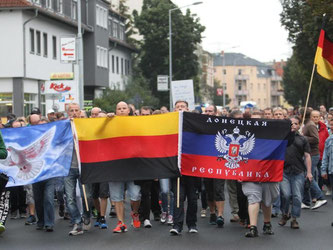 Teilnehmer eines Rechten Aufmarsches in Heidenau. Foto: Sebastian Willnow, dpa