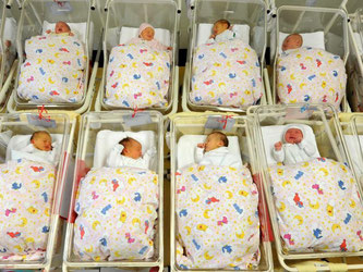 Babys liegen zusammen auf der Neugeborenenstation im Krankenhaus. Foto: Waltraud Grubitzsch/Archiv