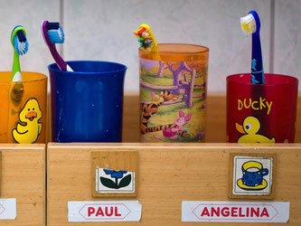 Im Bad eines Kindergartens stehen ordentlich die Zahnputzbecher und Zahnbürsten der Kinder. Foto: Patrick Pleul/Illustration
