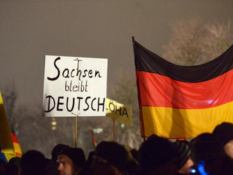 Pegida-Demonstranten mit einschlägigen Plakaten in Dresden. Foto: Peter Endig