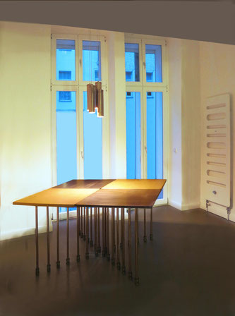 Table MILLEPIEDI, A.F.Borzacchini design, reclaimed table tops, reuse, copper pipe legs, calf leather cover