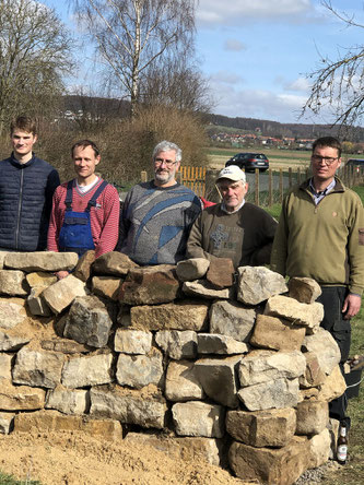 Trockenmauer hüfthoch, dahinter eine Reihe von Helfern