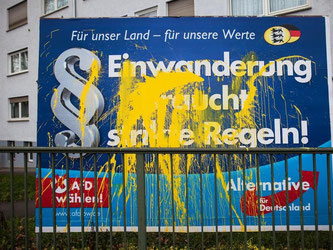 Ein Wahlplakat der Alternative für Deutschland (AfD) mit Farbe beschmiert. Foto: Christoph Schmidt