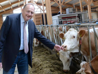 Präsident des Deutschen Bauernverbandes, Joachim Rukwied, in einem Kuhstall in Schlat. Der Deutsche Bauernverband, lädt vom 29. bis 30. Juni zum Deutschen Bauerntag nach Hannover. Foto: Franziska Kraufmann/Archiv