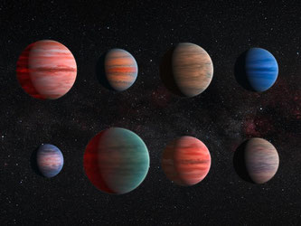 Zehn Exoplaneten der Art "Heiße Jupiter". Die Atmosphäre der Planeten wurde jetzt von Wissenschaftlern mit den Weltraumteleskopen untersucht. Die Planeten umkreisen ihren Stern relativ nahe weshalb sie stark aufgeheizt sind. Foto: ESA/Hubble & NASA/dpa