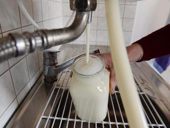 Eine Milchbäuerin zapft an ihrem Milchautomaten einen Liter Milch. Foto: Felix Kästle/Archiv