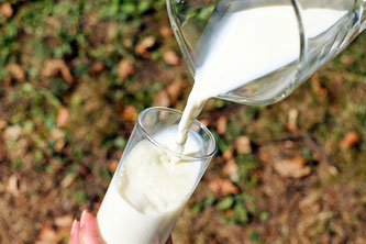 Milch wird in ein Glas gegossen