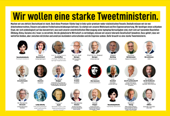 Die „Tweetministerin“ steht am 23.2. in Deutschland nicht zur Wahl – vielmehr karikiert die Twitter-Satirikerin regelmäßig gekonnt die neoliberale Politphrasendrescherei der FDP.