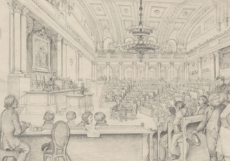 Sitzung des Reichstags in der Winterreitschule in Wien im Juli 1848. Vor den Sitreihen die Stenografen (Copyright: Wien Museum/A. Seyß (Zeichner))