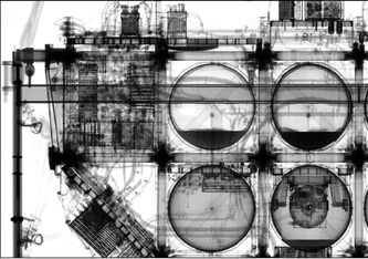 Röntgentomographie-Aufnahme des EURECA-Satelliten (Grösse etwa 3m x 6m x 3m), der von 1992 bis 1993 im Erdorbit kreiste und vom Space Shuttle Endeavour wieder zur Erde zurückgebracht wurde.