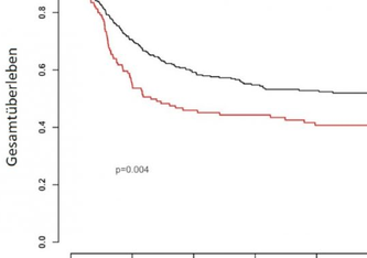 Untersch. beim Anteil überlebender Patienten mit günstigem rs2204985 Merkmal beim Spender (schwarz) im Vgl. zu ungünstigem Merkmal (rot ) in Abhängigkeit von der Zeit nach Transpl. in Jahren in der Gruppe der Transplantationspaare mit einer HLA-Differenz.