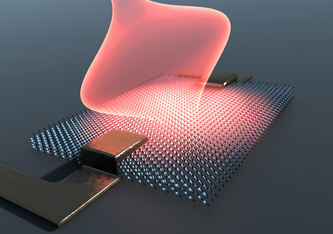 Ein quasi-zweidimensionaler Kristall zwischen Kontakten wird durch einen Laserpuls (rot) angeregt (Foto: Paul Scherrer Institut)