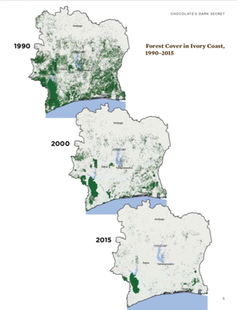 Schwindende Waldflächen in der Elfenbeinküste (Quelle: Mighty Earth: Chocolate’s Dark Secret)