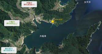 図2 大槌湾に流れ込む3河川(出典:Google Earth(© Google))