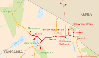 Landkarte Reise Tansania Nationalpark Kilimanjaro Marangu-Route