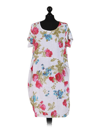 Weißes Sommerkleid aus Leinen mit Blumen