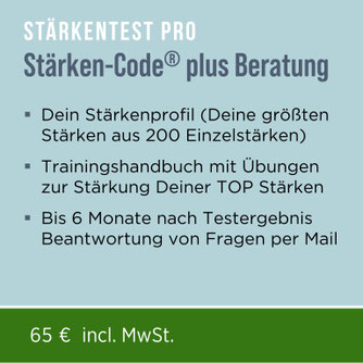 Mit dem Persönlichkeitstest Stärken-Code® Professional entschlüsselst Du aus 200 Einzelstärken Deine größten Stärken. Zudem bekommst Du einen Bericht mit Tipps, wie Du Deine Persönlichkeit weiter stärken kannst.