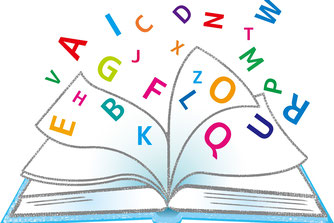 見開きの本から、カラフルな色のアルファベットが飛び出しているイラスト。
