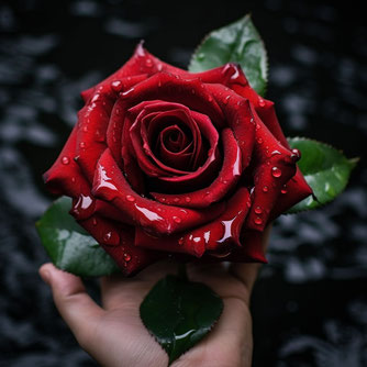 Eine wunderschöne grosse, nasse, rote Rose in der Hand eines Menschen, dunkler Hintergrund