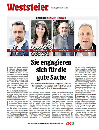 06.12.2022: Bericht der Kleinen Zeitung über das Voting zum Kopf des Jahres 2022. Wir sind als Verein Schultüte für die Kategorie Soziales Gewissen nominiert.