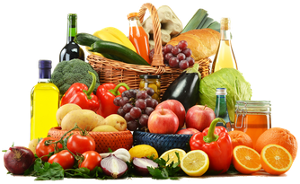 Obst, Gemüse, Öl, Nahrung im Korb