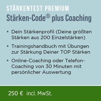 Mit dem Persönlichkeitstest Stärken-Code® Professional entschlüsselst Du aus 200 Einzelstärken Deine größten Stärken. Neben einem Bericht mit Tipps, wie Du Deine Persönlichkeit weiter stärken kannst, bekommst Du ein persönliches Coaching.