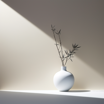 Eine rund-bauchige weisse Vase mit 3 Ästen steht auf weissem Boden vor einer creme farbenen Wand, es fällt ein Lichtstrahl auf die Vase vorne und hinten an der Wand ist ein Schatten