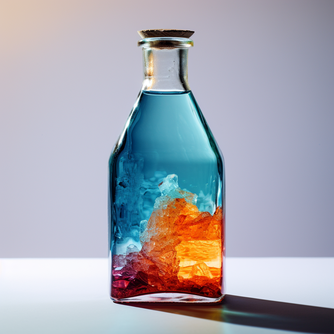 Flasche mit blauer, oranger und roter Flüssigkeit und hellen kristallen im Inneren, im Stil von Azurblau und Bernstein, helles Indigo und Orange