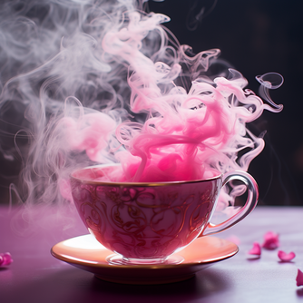 eine rosa Teetasse aus der pinker Rauch aufsteigt, Gothic-Romantik, sehr realistisch, extravagant