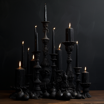 Eine Anordnung von verschieden grossen und dicken schwarzen Kerzen auf schwarzen Kerzenständern, auf einem braunen boden vor einer schwarzen Wand